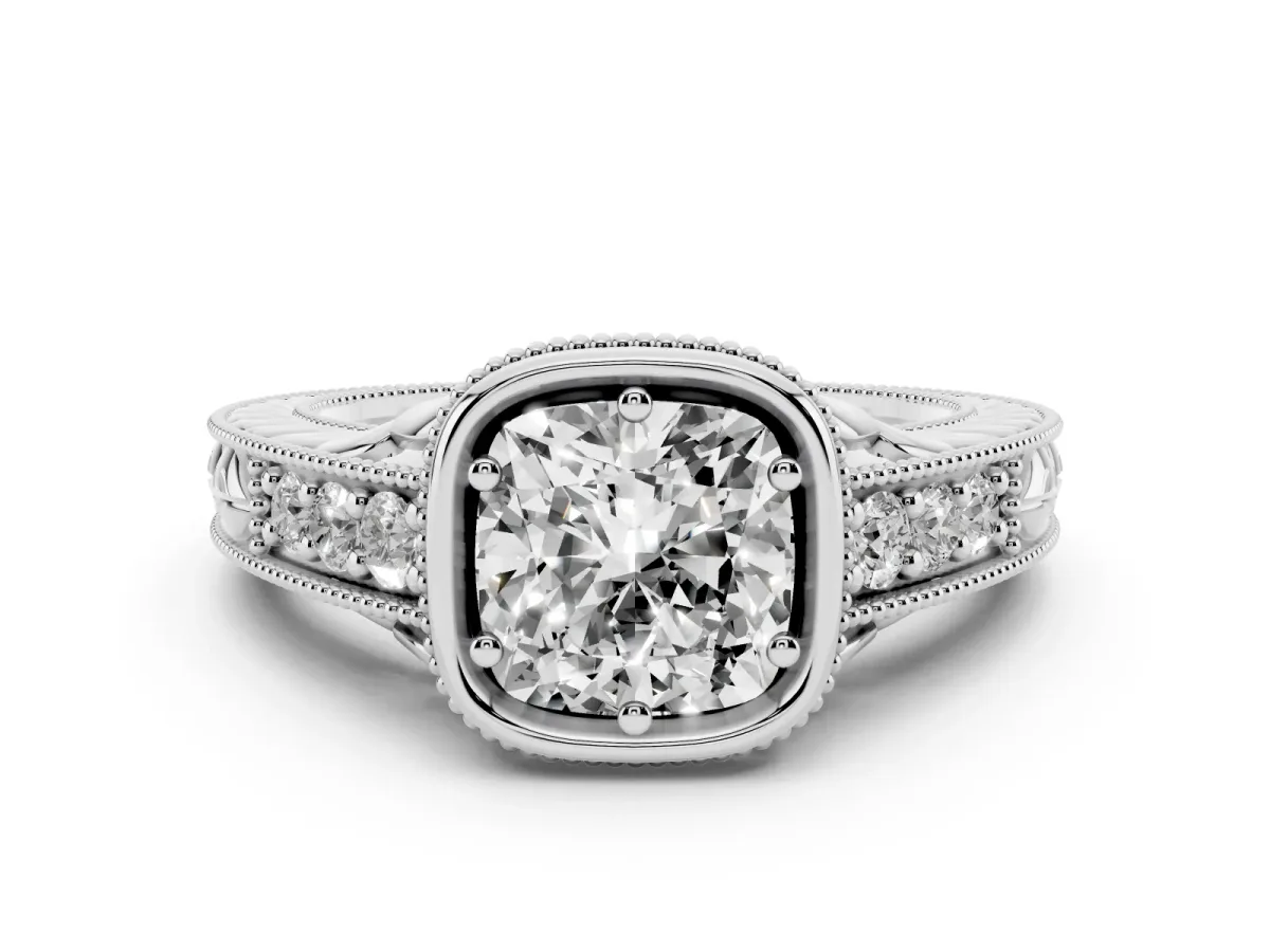 Bezel Set Cushion Cut Diamond Milgrain Pave Engagement Ring White gold