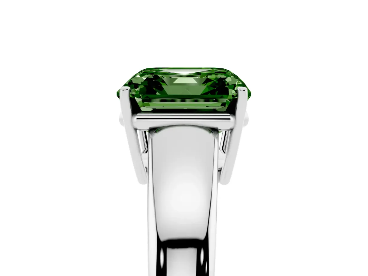 Fancy Green Asscher Cut Solitaire Diamond Ring with Tapered Band and Four-Prong Setting Platinum