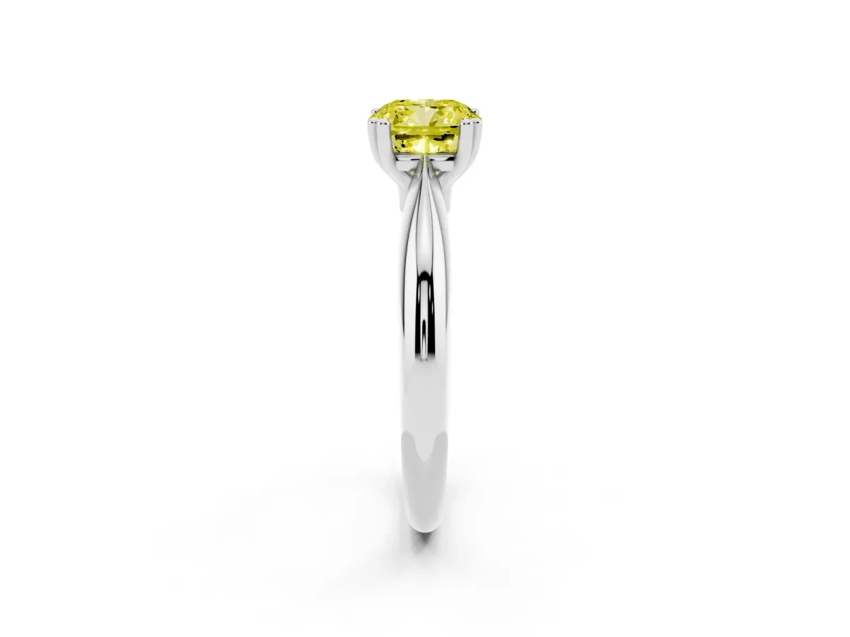 Fancy Yellow Cushion Cut Cut Solitaire Engagement Ring with Tapered Band and Four-Prong Setting Platinum