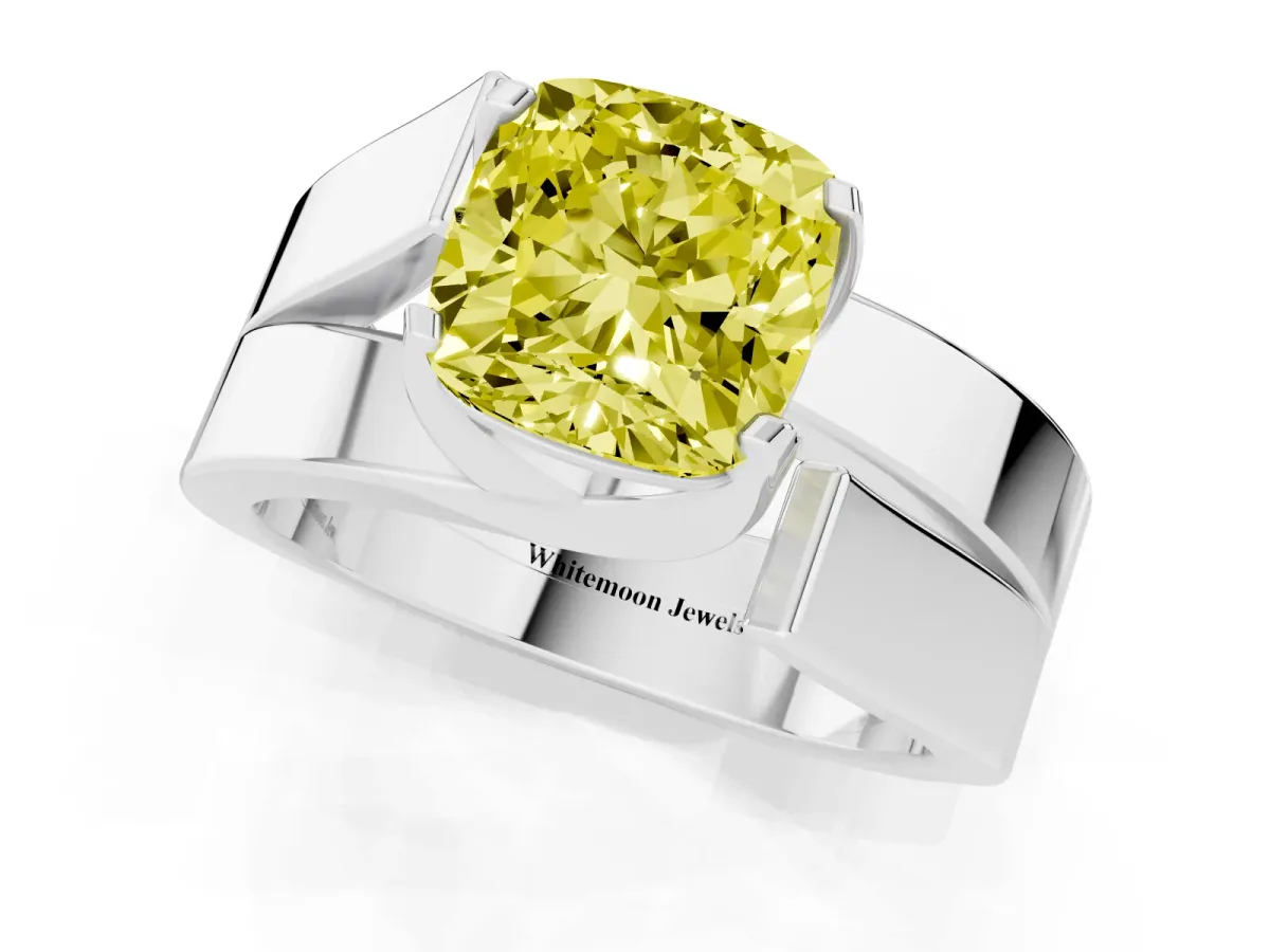 Fancy Yellow Modern Tension Set Cushion Cut Diamond Solitaire Wide Band Ring Platinum