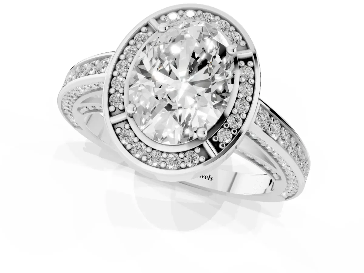 Oval Cut Cut Halo Pave Split Shank Prong Setting Ring White gold