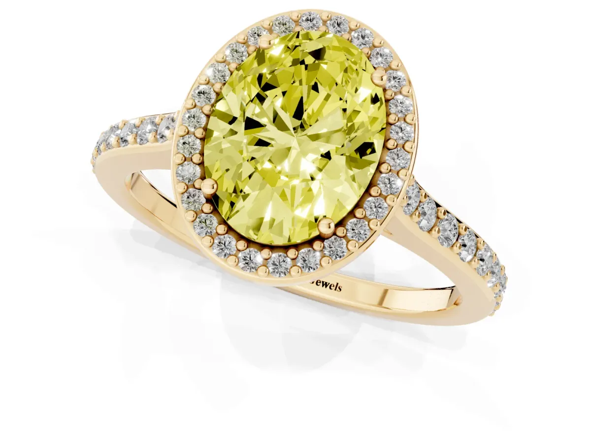 Fancy Yellow Oval Cut Diamond Halo Engagement Ring with Round Pavé Shoulders and Prong Setting Yellow gold