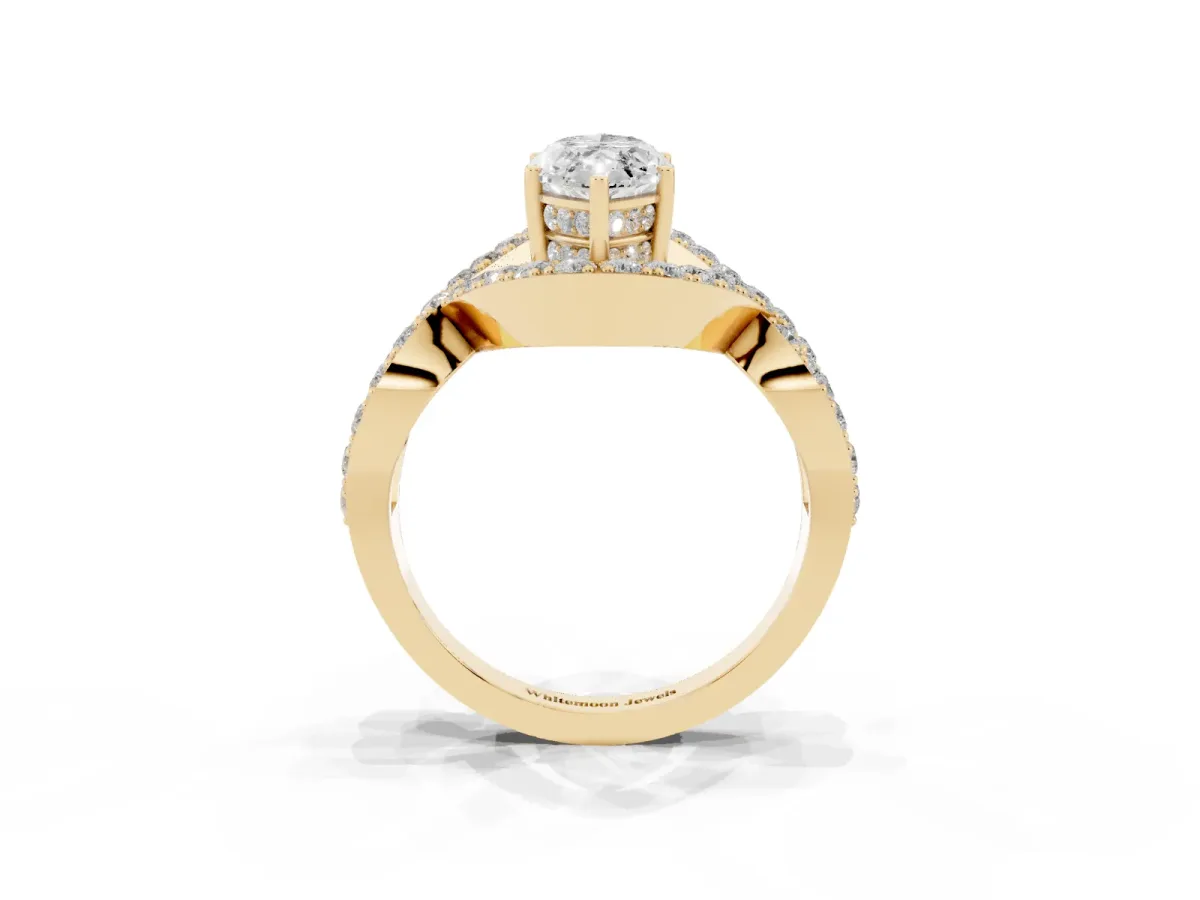 Marquise Cut Solitaire Twist Band Pavé Diamond Engagement Ring Yellow gold