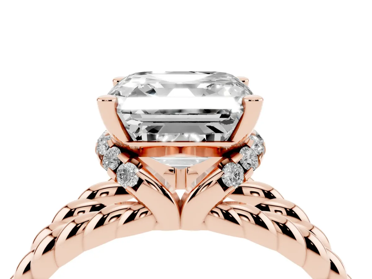 Asscher Cut Halo Twisted Band Four-Prong Ring Rose gold