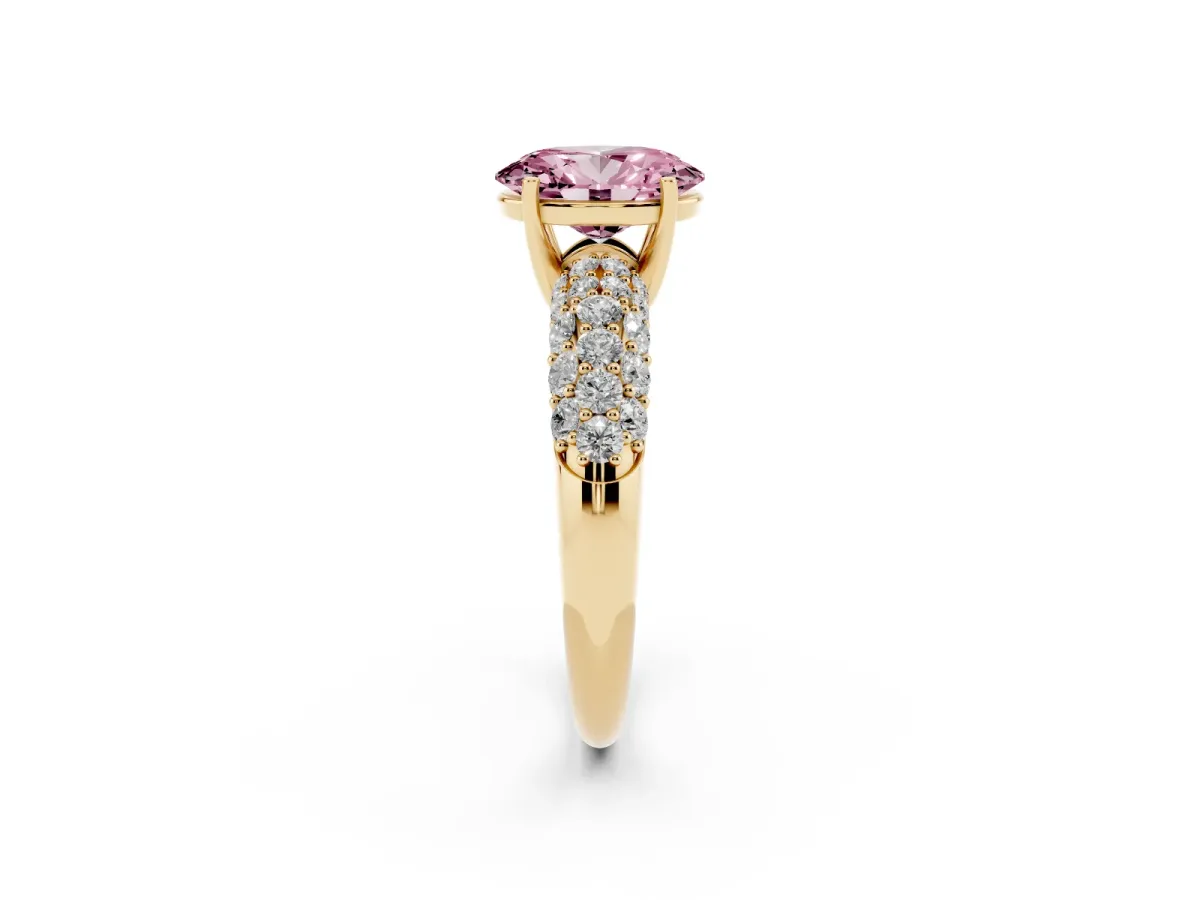 Fancy Pink Oval Cut Diamond Pavé Band Solitaire Ring with Four-Prong Setting Yellow gold