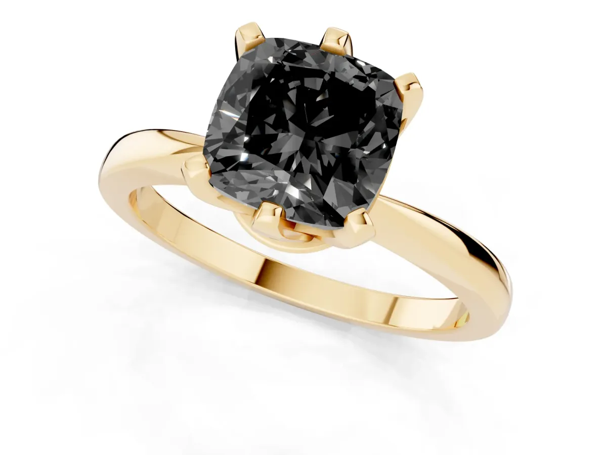 Fancy Black Cushion Cut Solitaire Engagement Ring with Six-Prong Setting and Tapered Band Yellow gold