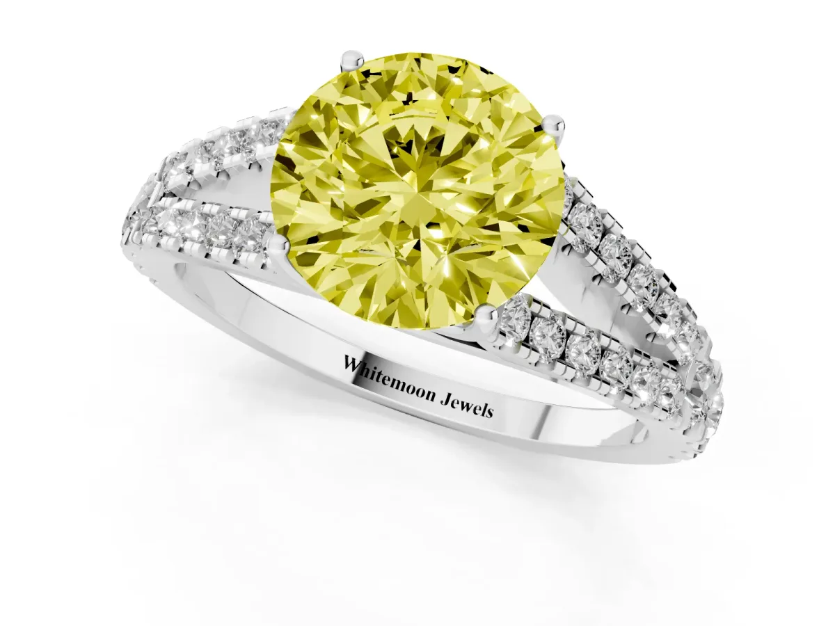 Fancy Yellow Round Cut Diamond Split Shank Pavé Engagement Ring with Four-Prong Setting White gold