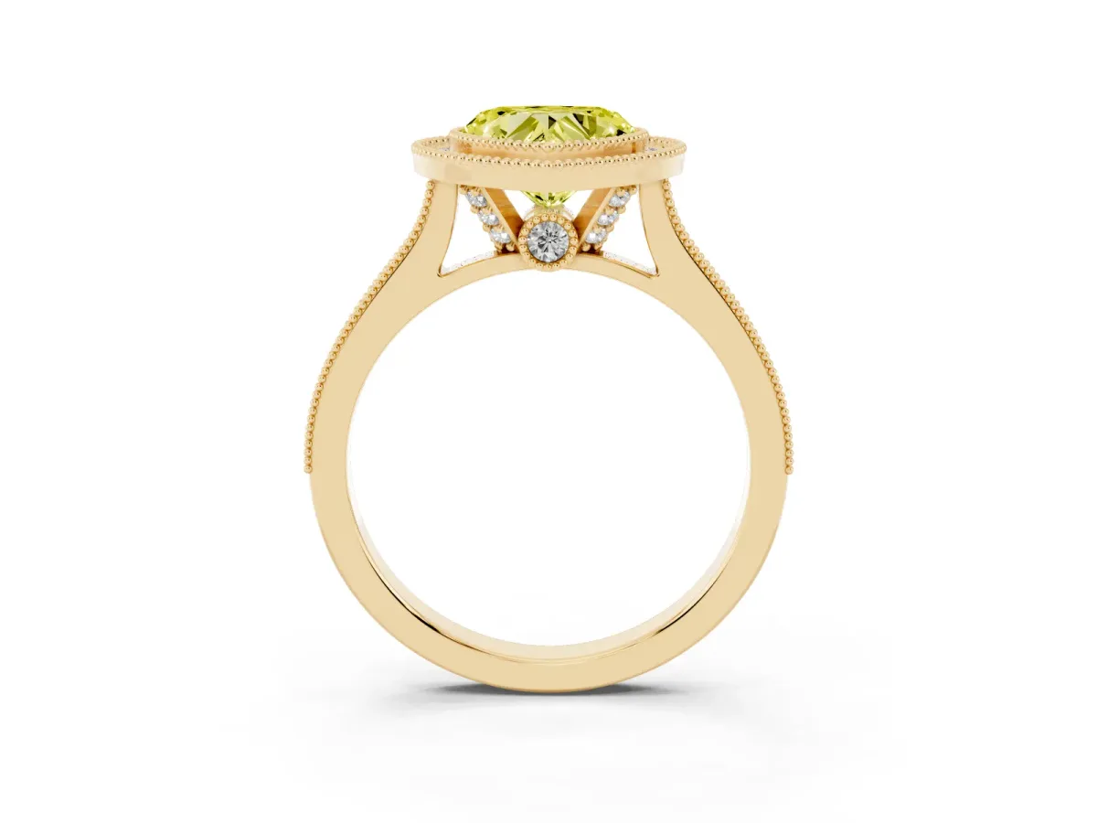 Fancy Yellow Halo Heart Cut-Cut Diamond Pave Band Milgrain Prong Setting Ring Yellow gold