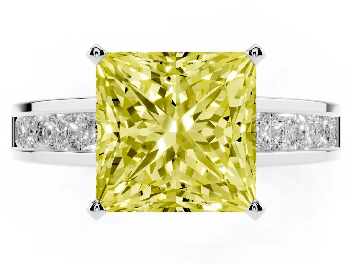 Fancy Yellow Princess Cut Solitaire Diamond Ring with Channel-Set Band and Four-Prong Setting Silver
