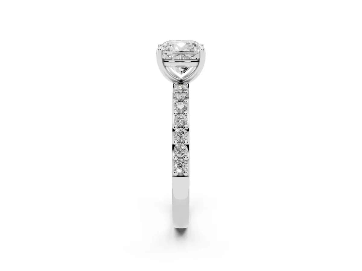 Cushion Cut Cut Diamond Solitaire with Pave Band and Four-Prong Setting Silver