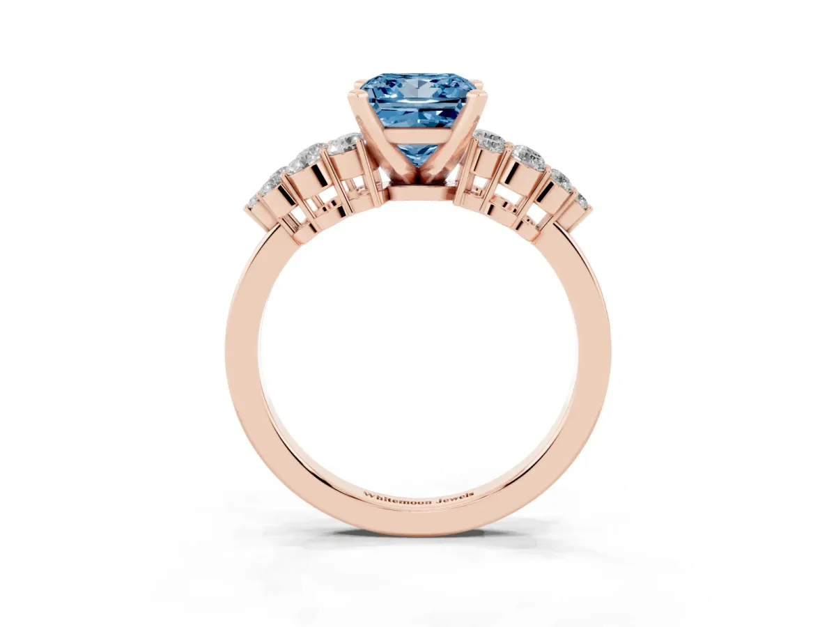 Fancy Blue Princess Cut Cluster Diamond Engagement Ring with Pavé Band and Four-Prong Setting Rose gold