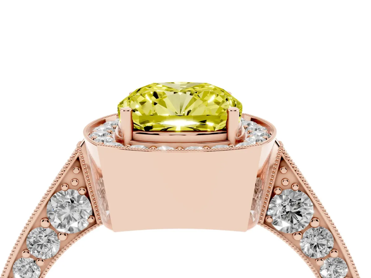 Fancy Yellow Cushion Cut Halo Diamond Engagement Ring with Split Shank Band and Four-Prong Setting Rose gold