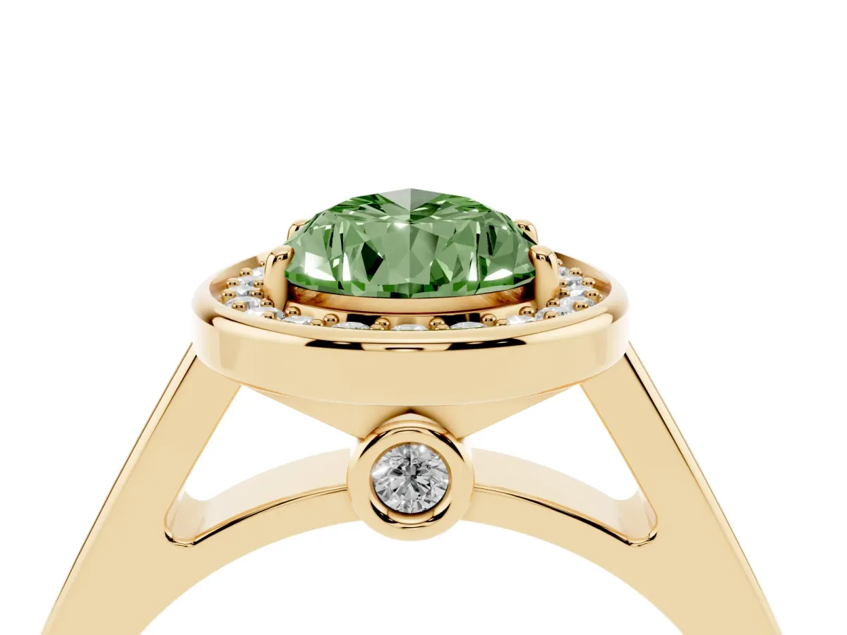 Fancy Green Pear Cut Halo Solitaire Diamond Ring with Pave Band and Bezel Setting Yellow gold