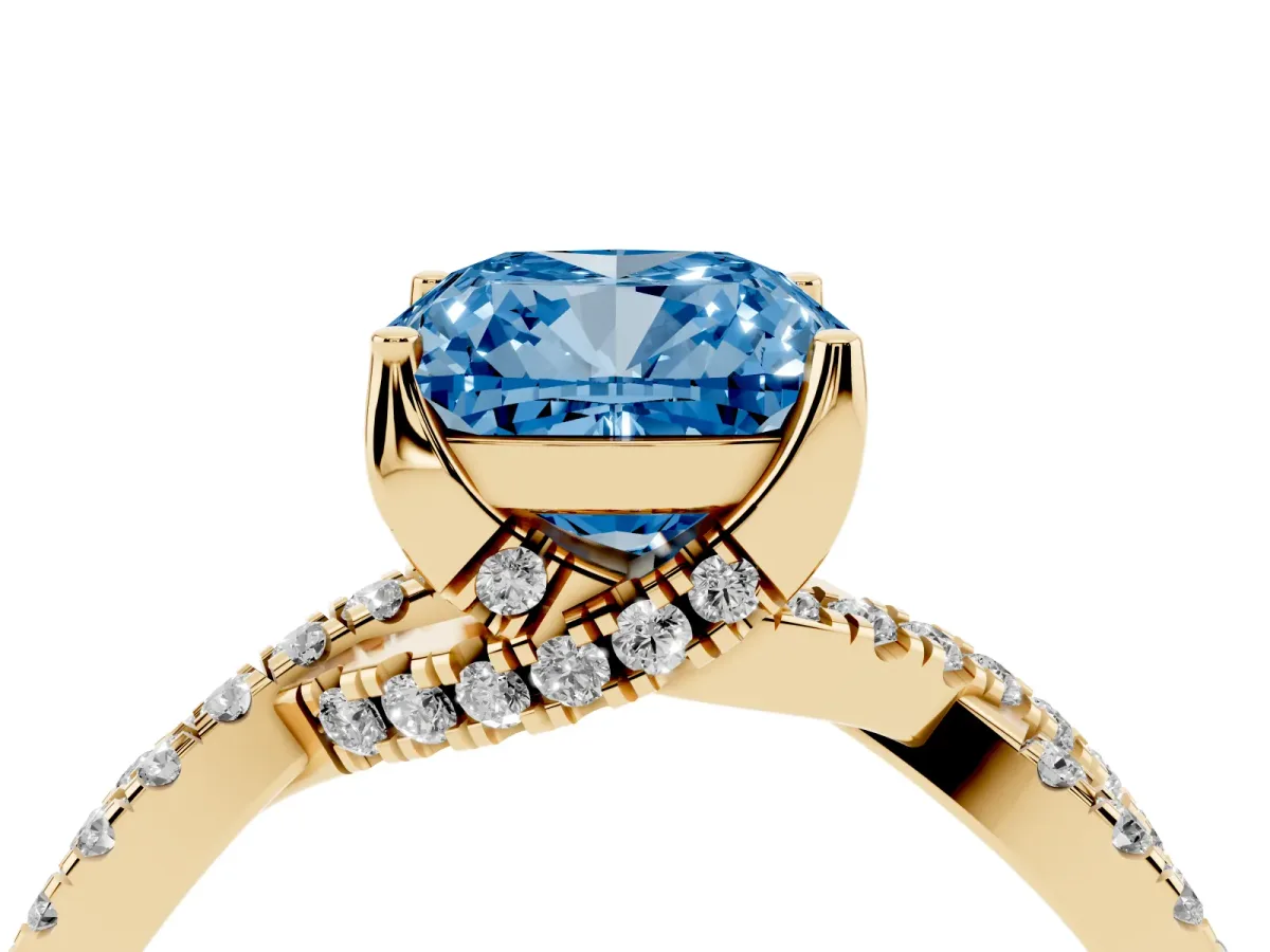 Fancy Blue Cushion Cut Solitaire Twist Pave Diamond Engagement Ring with Prong Setting Yellow gold