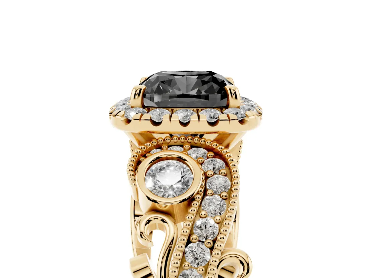 Fancy Black Cushion Cut Halo Diamond Ring with Milgrain and Bezel Accents on a Split Shank Band Yellow gold