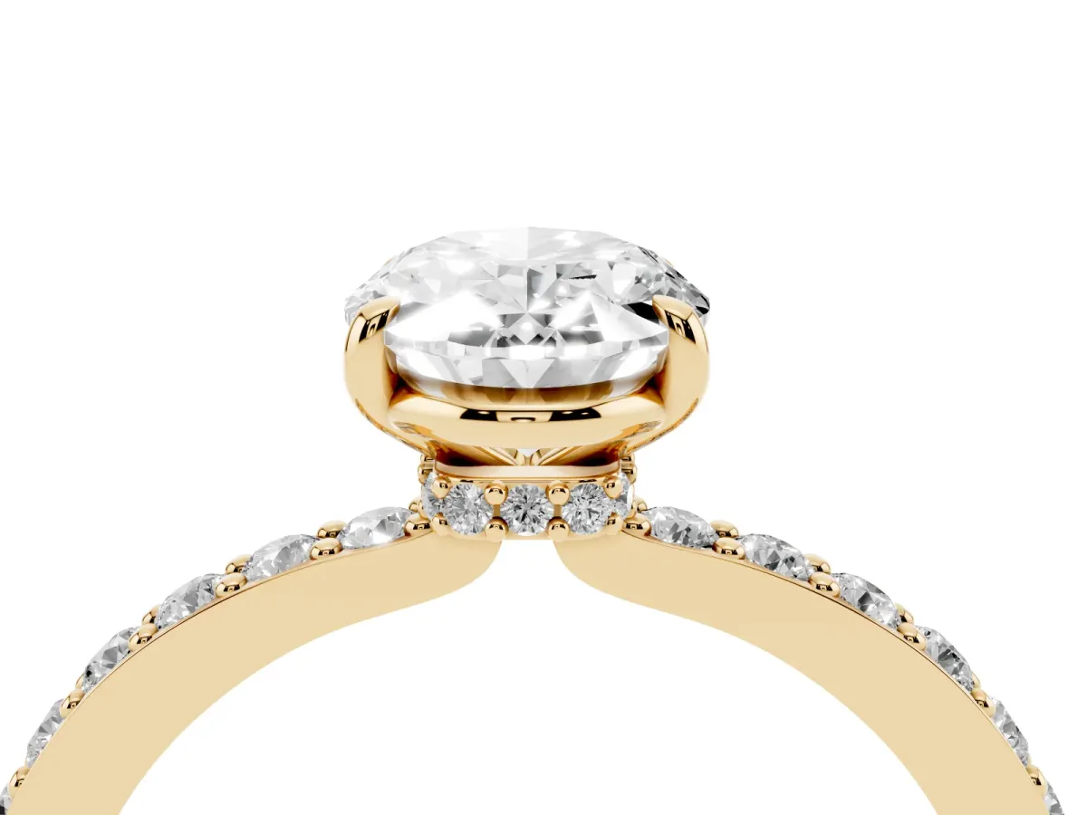 Oval Cut Diamond Pavé Engagement Ring with Round Accents and Prong Setting Yellow gold