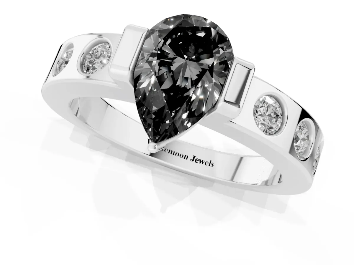 Fancy Black Pear Cut Brilliant Channel-Set Diamond Ring with Bezel Prong Setting Platinum