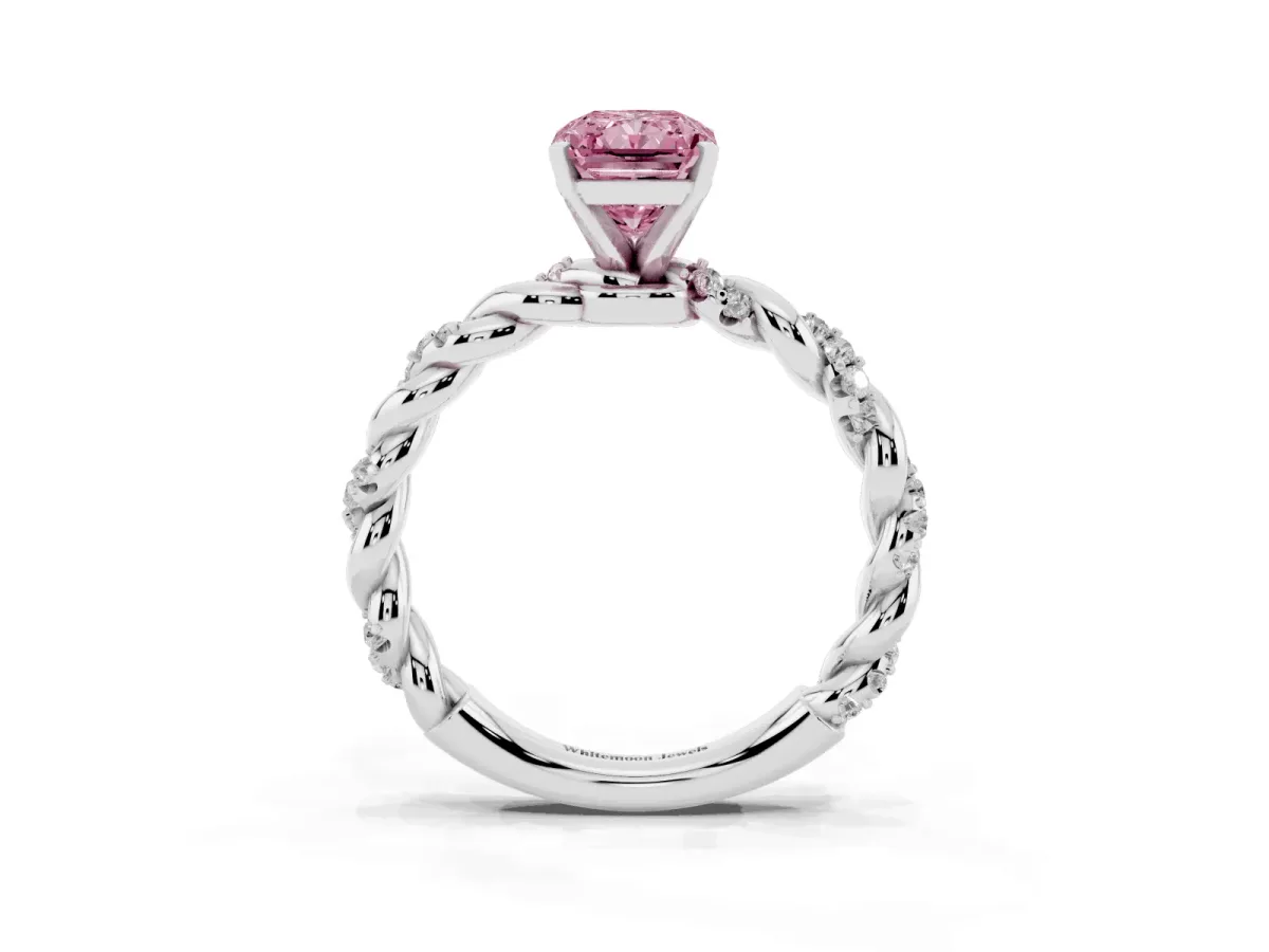 Fancy Pink Radiant Cut Diamond Solitaire Ring with Twisted Band and Pavé Accents Silver