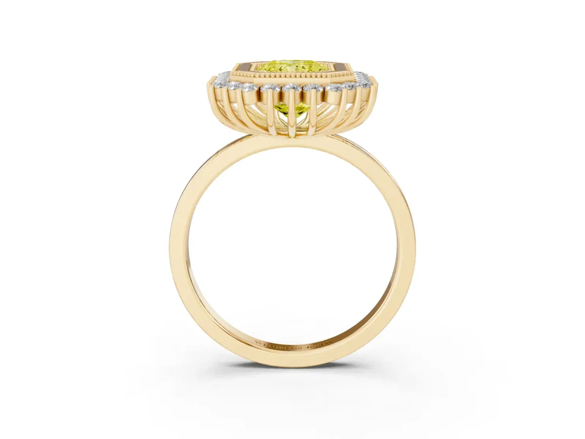 Fancy Yellow Radiant Cut Halo Diamond Ring with Milgrain Edge and Round Prong Setting Yellow gold