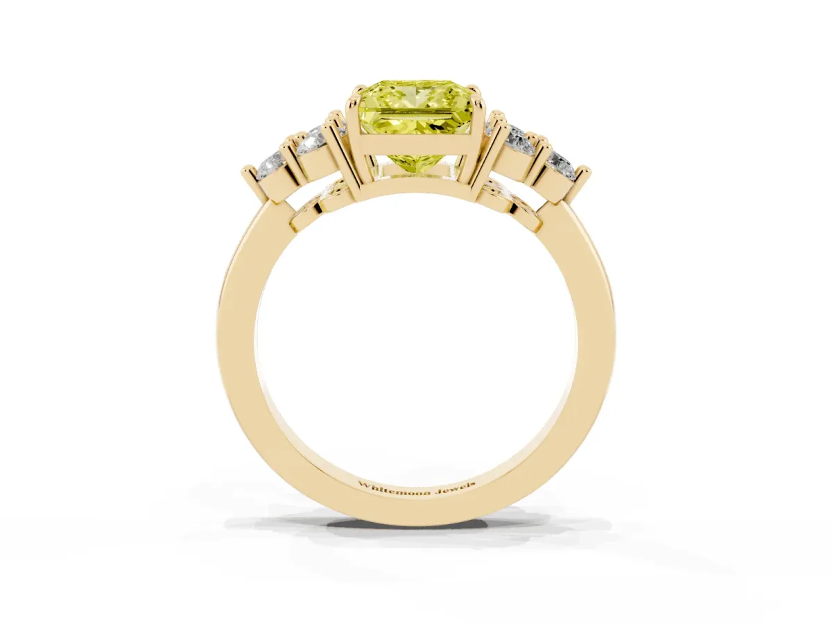 Fancy Yellow Princess Cut Brilliant Diamond Cluster Accent Solitaire Ring with Prong Setting Yellow gold