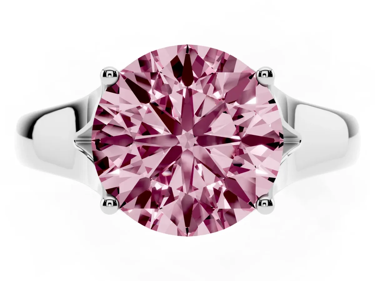 Fancy Pink Round Cut Solitaire Diamond Ring with Cathedral Band and Four-Prong Setting Silver