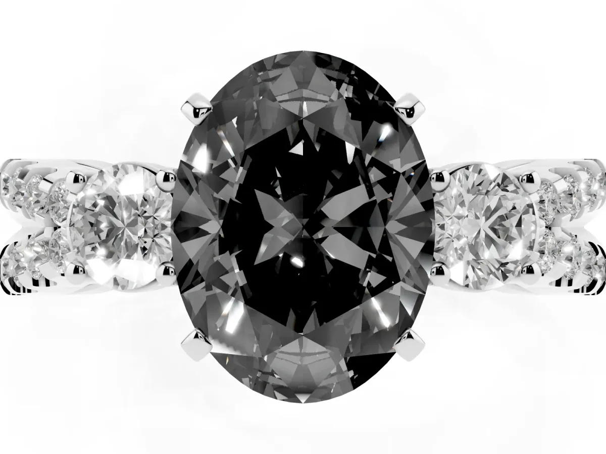 Fancy Black Oval Cut Diamond Three-Stone Ring with Pavé Split Shank and Four-Prong Setting Silver