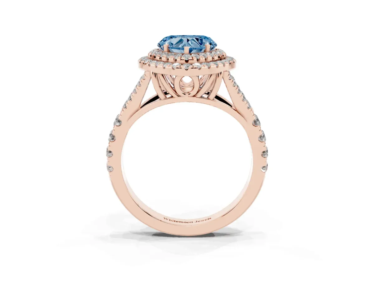 Fancy Blue Double Halo Heart Cut Diamond Split Shank Engagement Ring with Four-Prong Setting Rose gold