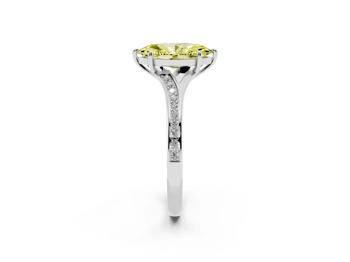 Fancy Yellow Marquise Cut Diamond Solitaire Ring with Pavé Band and Prong Setting Silver