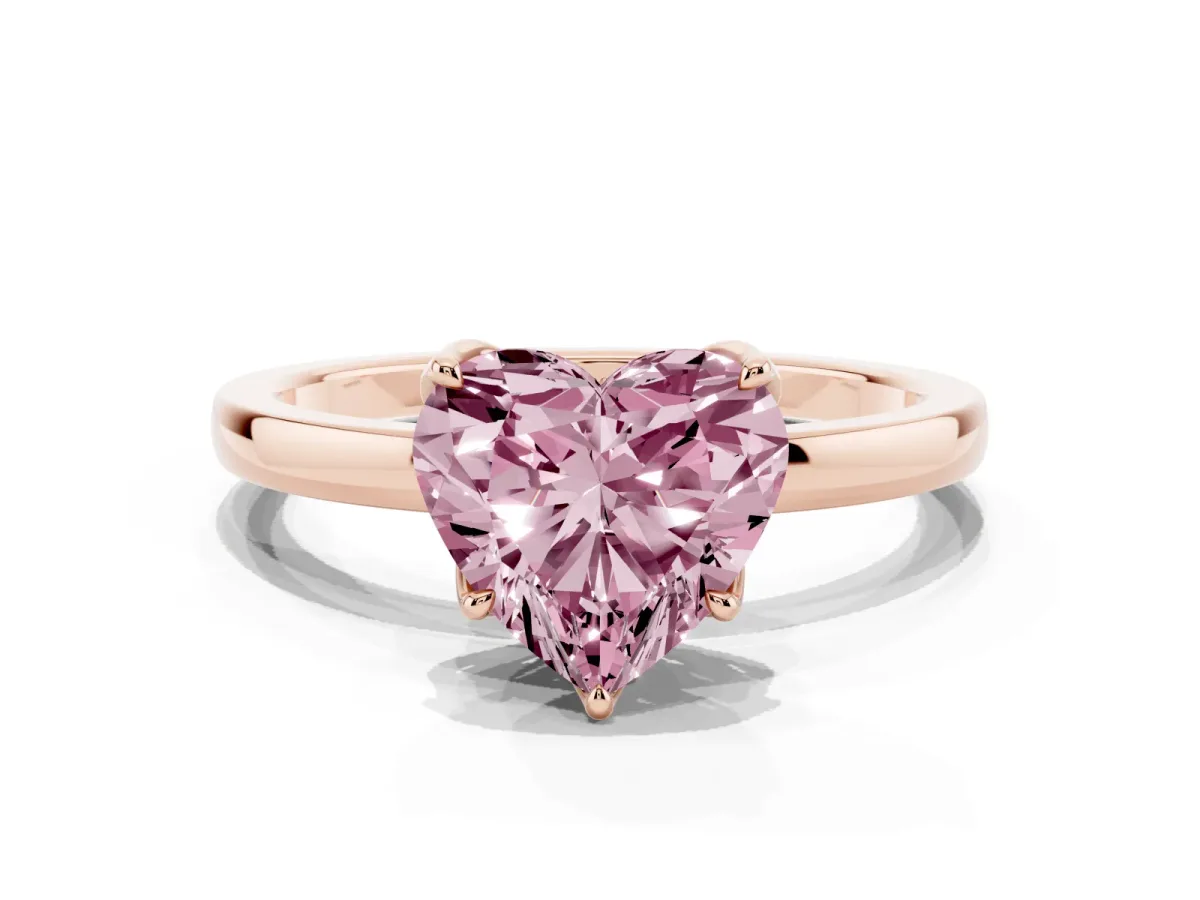 Fancy Pink Heart Cut Diamond Solitaire Ring with Thin Band and Prong Setting Rose gold