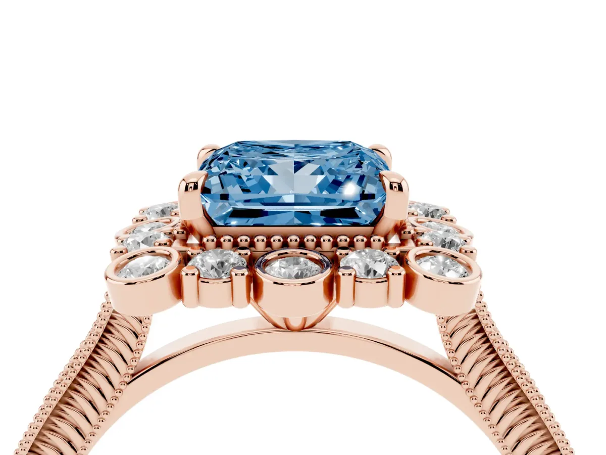 Fancy Blue Princess Cut Halo Milgrain Pave Diamond Ring with Four-Prong Setting Rose gold