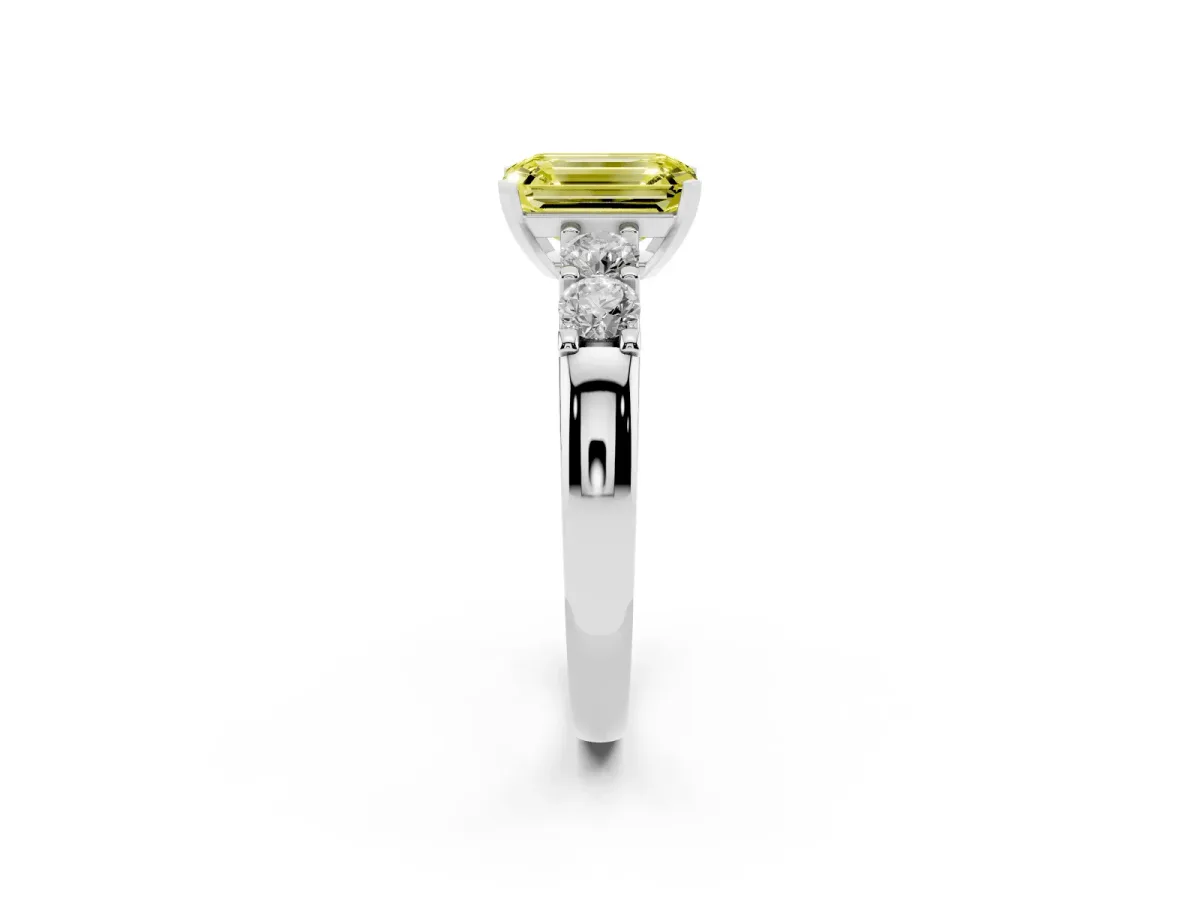 Fancy Yellow Emerald Cut Brilliant Cut Diamond Five-Stone Prong Set Engagement Ring with Channel Band Silver
