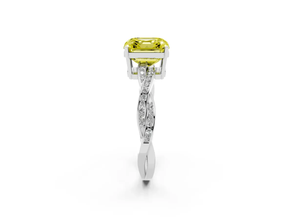 Fancy Yellow Asscher Cut Solitaire Twisted Pave Diamond Ring with Four-Prong Setting Silver
