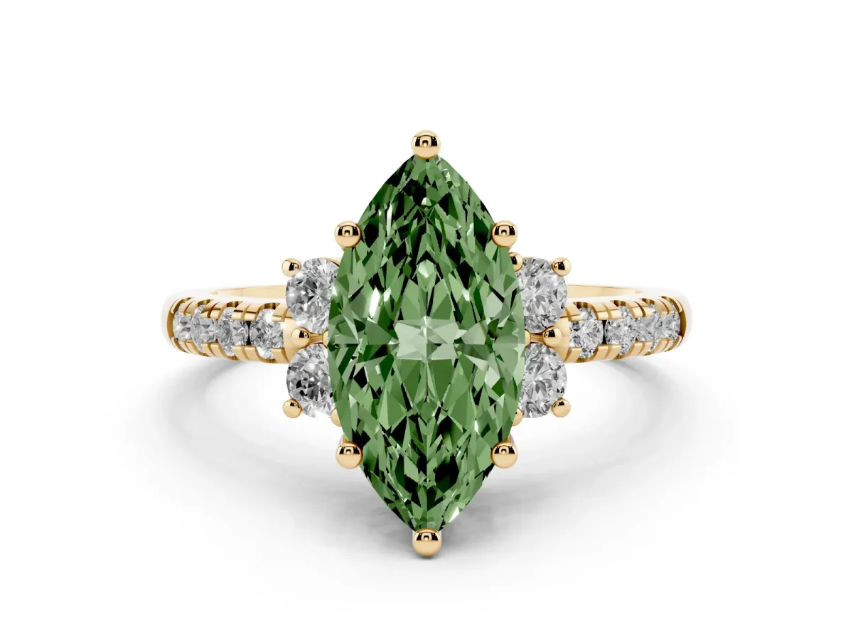 Fancy Green Marquise Cut Diamond Three-Stone Pave Band with Four-Prong Setting Yellow gold