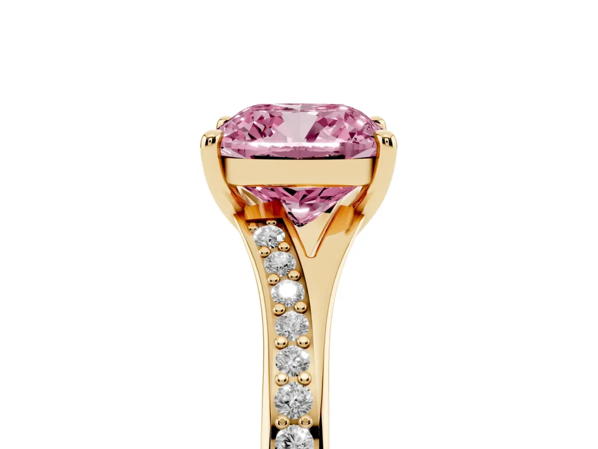 Fancy Pink Cushion Cut Diamond Solitaire Ring with Pavé Band and Prong Setting Yellow gold