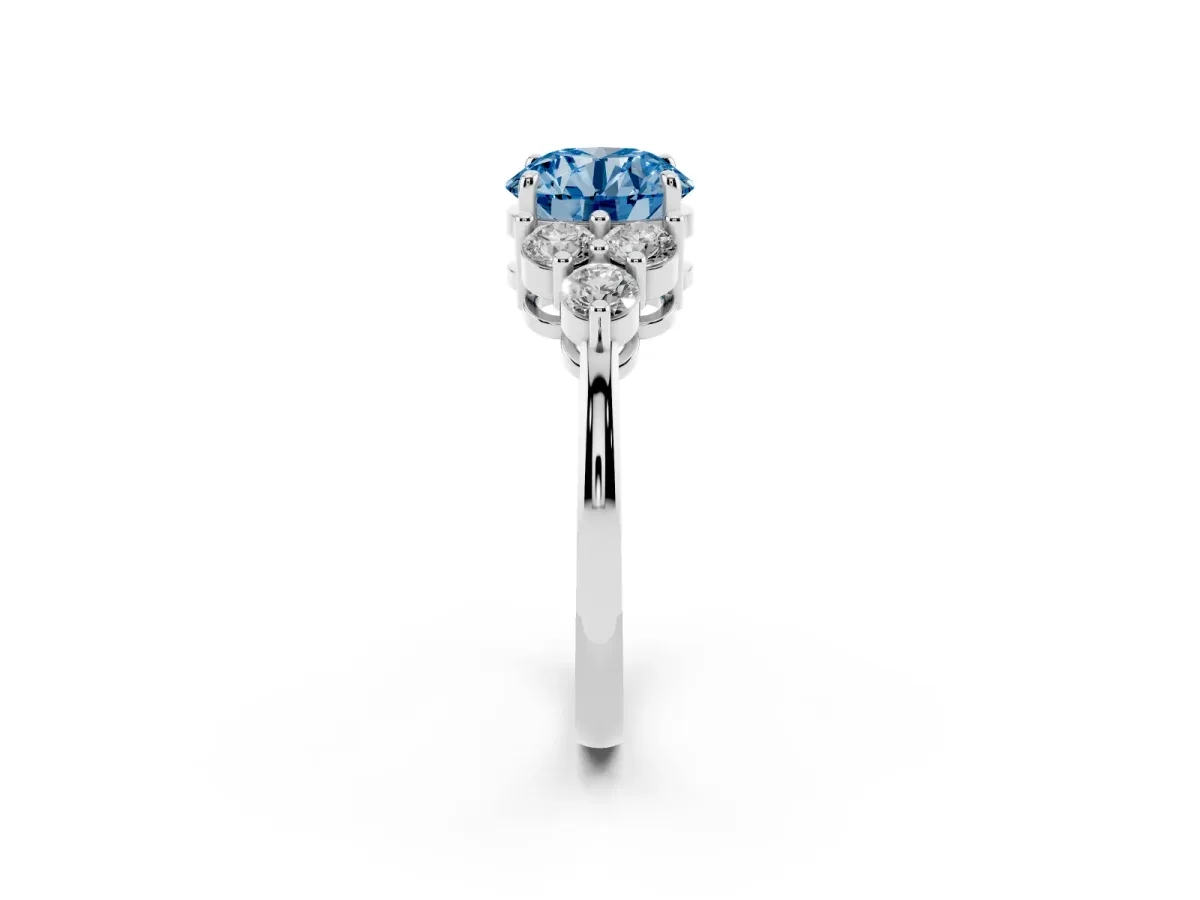 Fancy Blue Round Cut Brilliant Diamond Cluster Accent Solitaire Ring with Prong Setting Platinum
