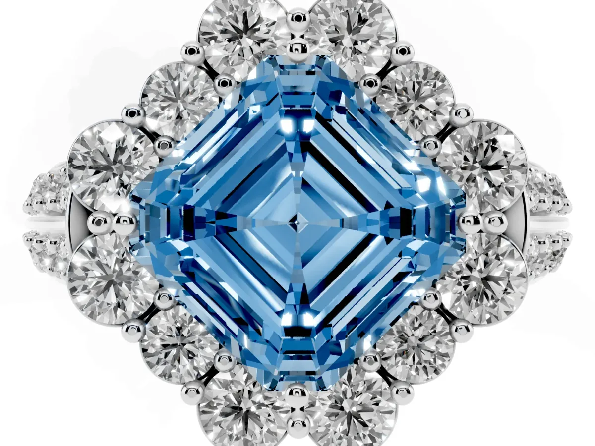 Fancy Blue Asscher Cut Halo Diamond Engagement Ring with Split Shank and Prong Setting Silver