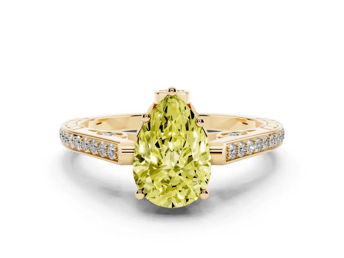 Fancy Yellow Pear Cut Cut Cathedral Pave Diamond Engagement Ring with Six-Prong Setting Yellow gold