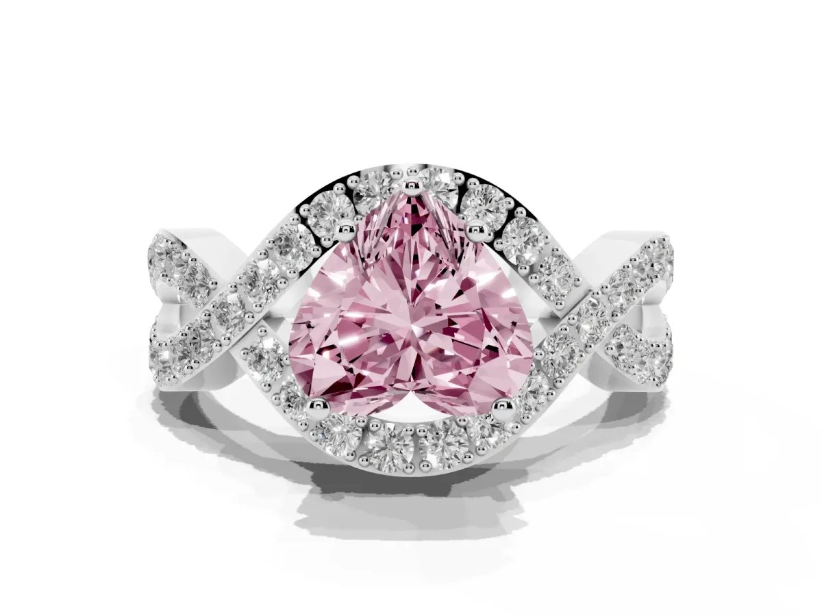 Fancy Pink Heart Cut Solitaire Twist Band Pavé Diamond Engagement Ring Silver