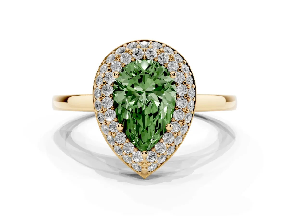 Fancy Green Pear Cut Halo Diamond Engagement Ring with Solitaire Band and Four-Prong Setting Yellow gold