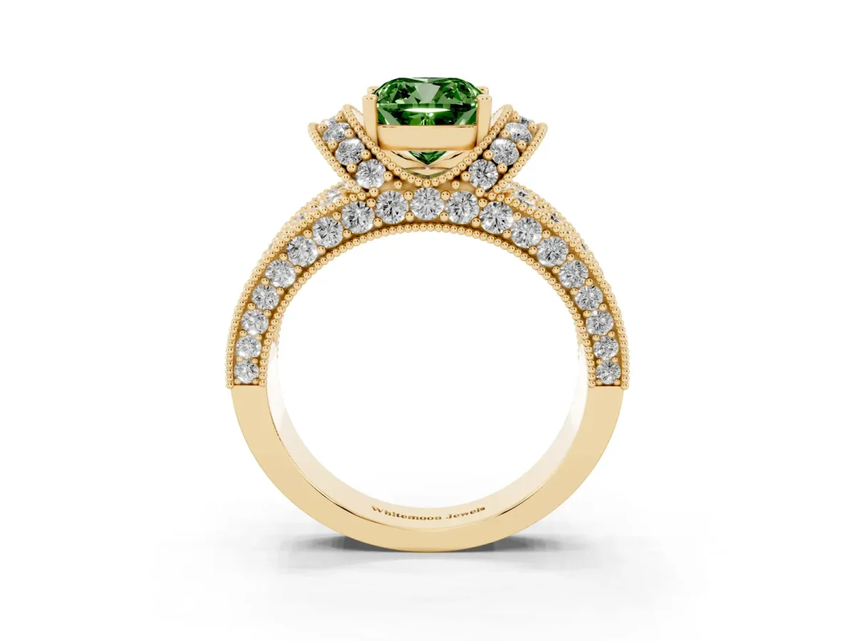 Fancy Green Cushion Cut Halo Pave Diamond Engagement Ring with Milgrain Detailing Yellow gold