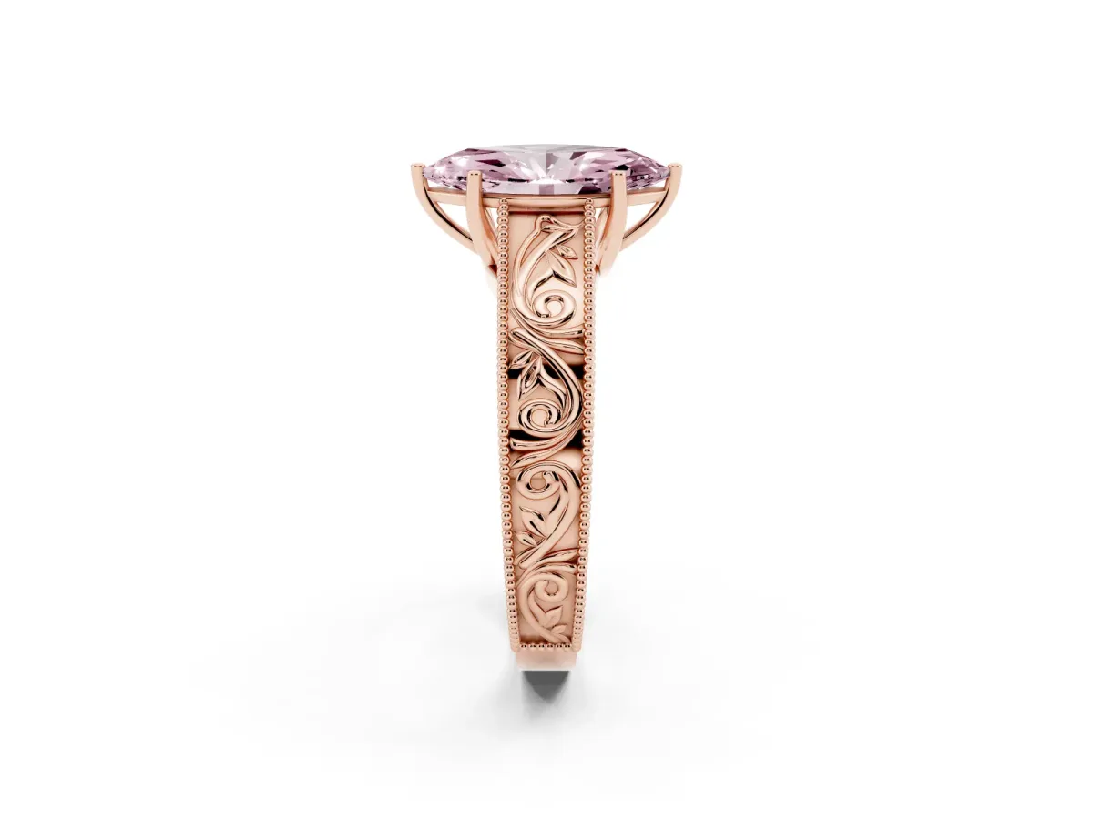 Fancy Pink Marquise Cut Diamond Solitaire Ring with Engraved Band and Four-Prong Setting Rose gold