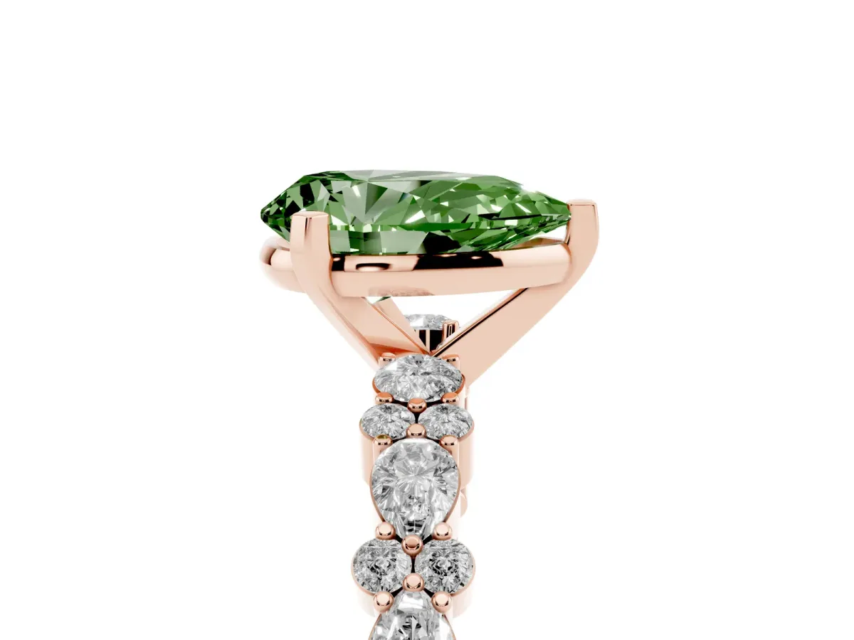 Fancy Green Pear Cut Diamond Side Stone Solitaire Ring with Round and Four-Prong Setting Rose gold