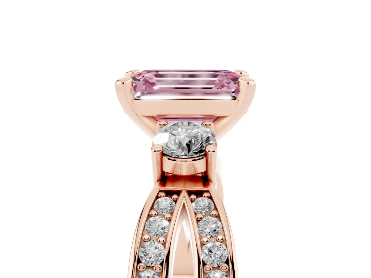 Fancy Pink Three-Stone Emerald Cut Cut Diamond Twist Band with Prong Setting Rose gold