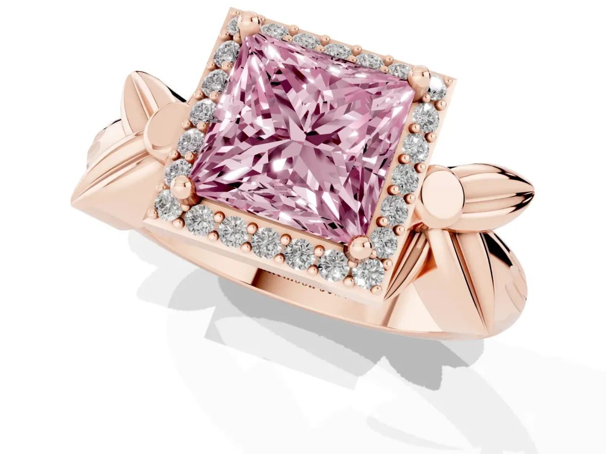 Fancy Pink Princess Cut Halo Diamond Floral Band with Four-Prong Setting Rose gold