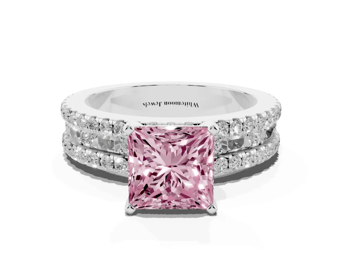 Fancy Pink Princess Cut Diamond Solitaire Ring with Pavé and Channel Set Band Platinum