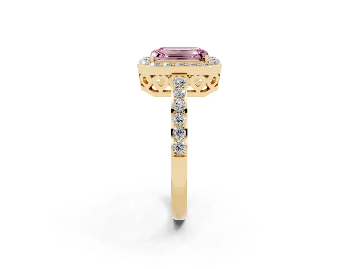 Fancy Pink Emerald Cut Halo Diamond Pavé Band Ring with Prong Setting Yellow gold