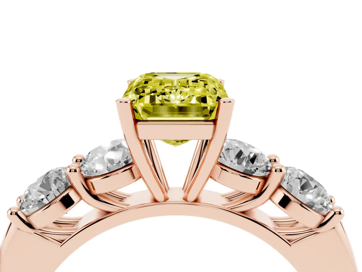 Fancy Yellow Emerald Cut Cut Five-Stone Prong Set Diamond Ring with Classic Band Rose gold