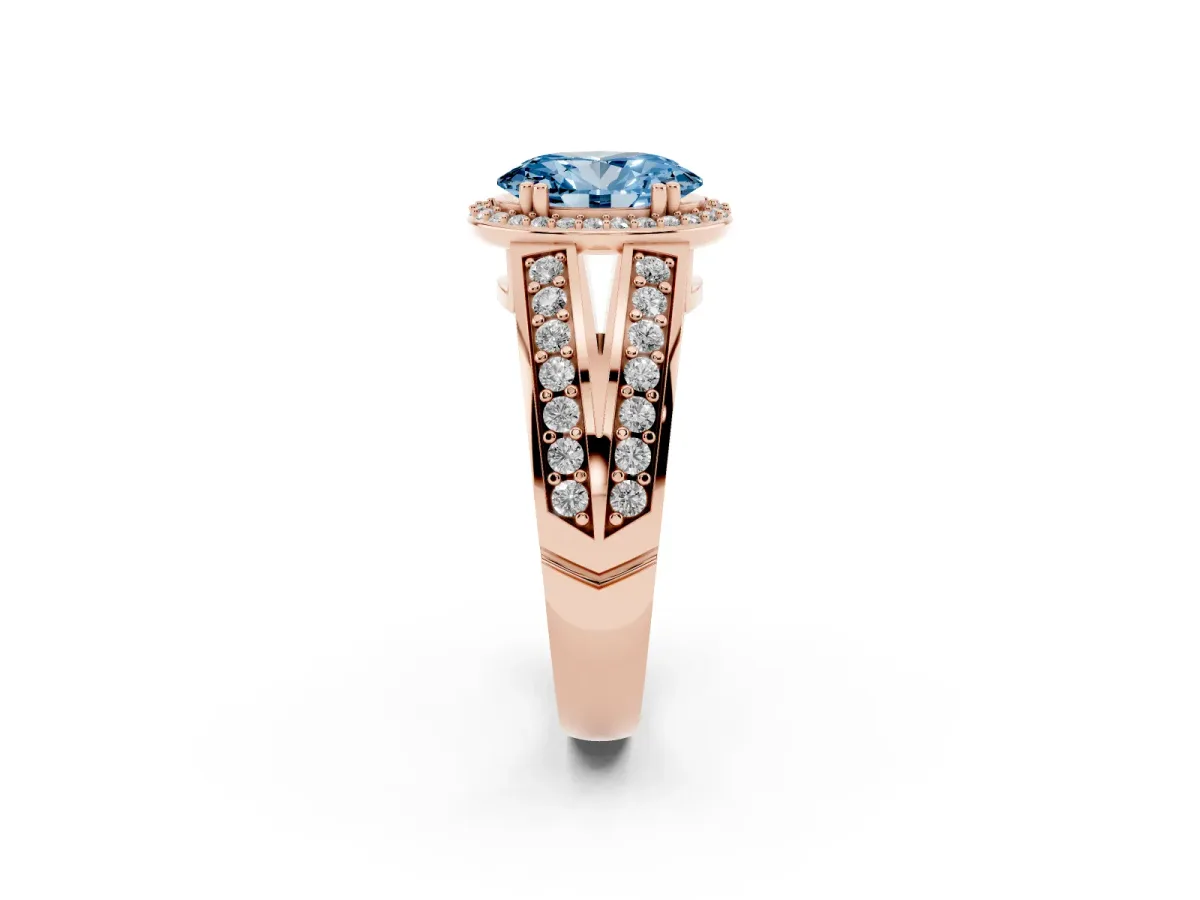 Fancy Blue Oval Cut Diamond Halo Ring with Split Shank Pavé Band and Four-Prong Setting Rose gold