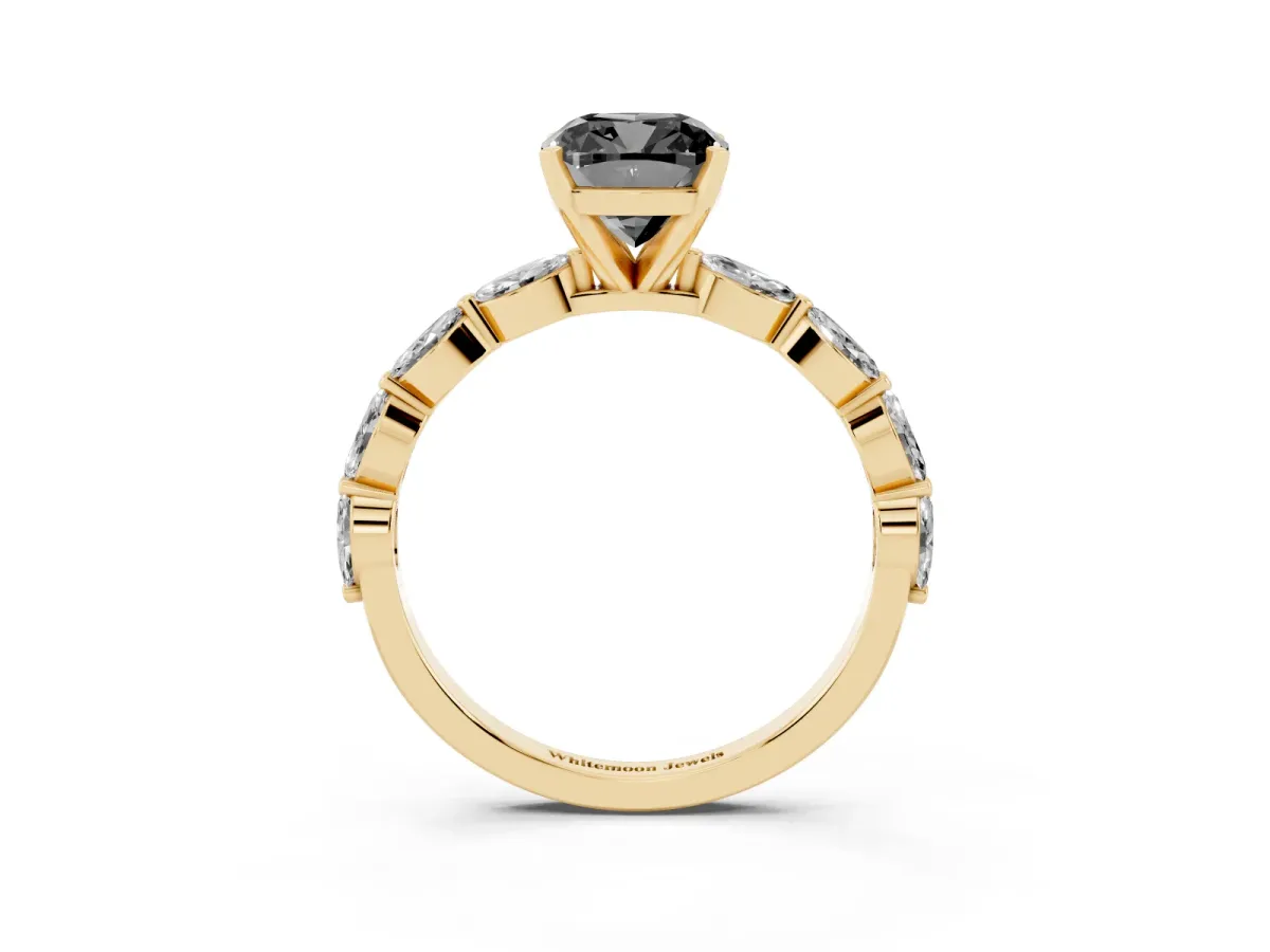 Fancy Black Cushion Cut Diamond Ring with Marquise Side Stones and Prong Setting Yellow gold