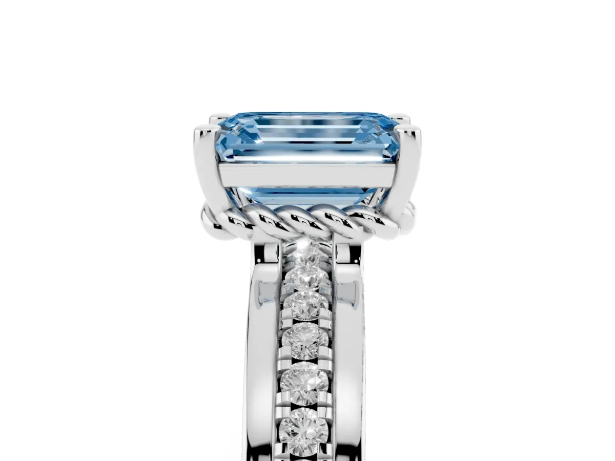 Fancy Blue Emerald Cut Solitaire Diamond Ring with Channel Set Band and Six-Prong Setting Silver